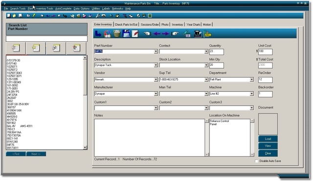 Maintenance Parts Bin Screenshot